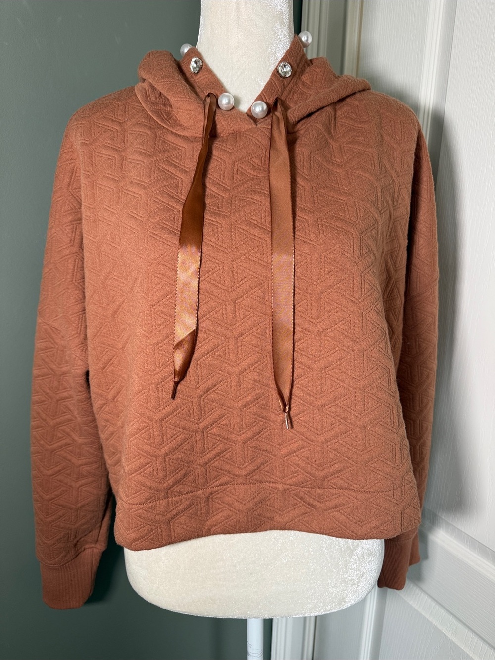 Simply Southern Textured Quilted Cropped Hoodie Brown Pearl Rhinestone M